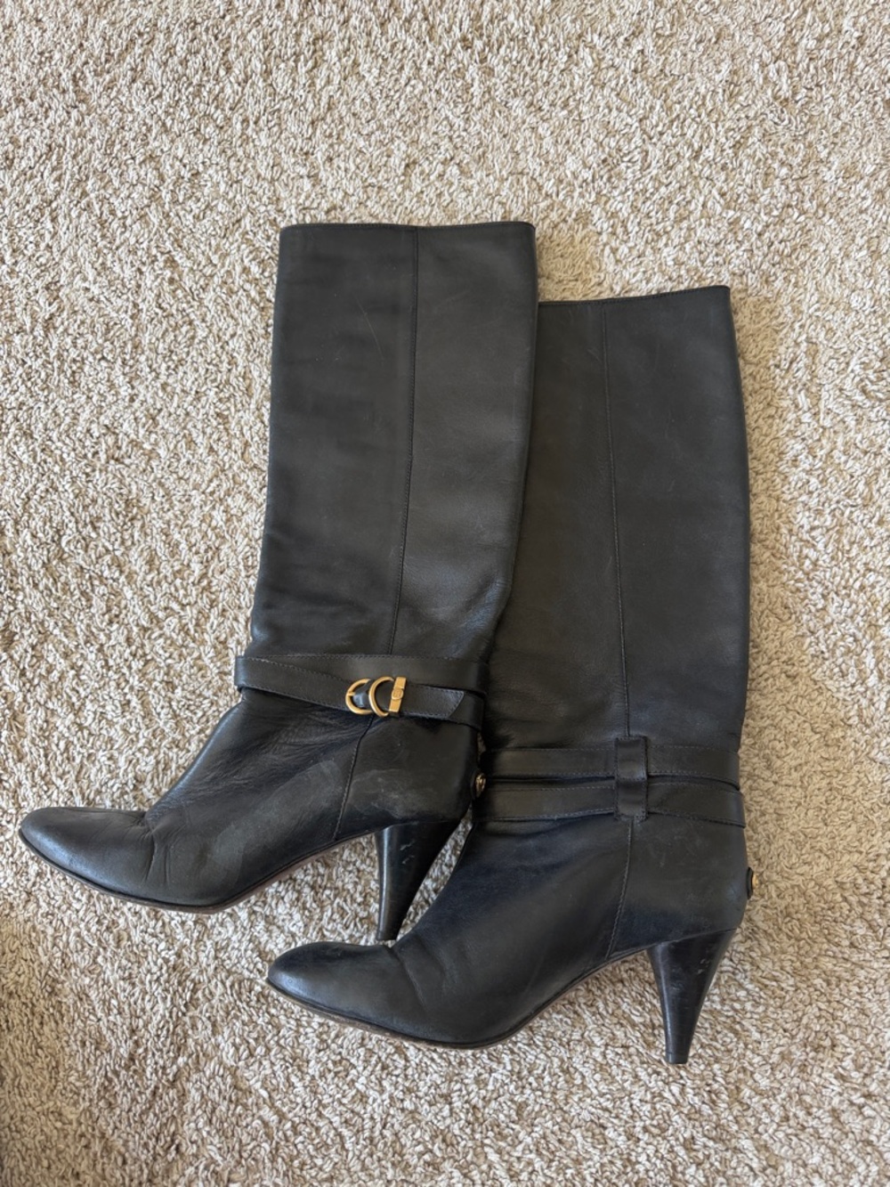 BCBG Black Leather Knee-High Heeled Boots with Gold Buckle
